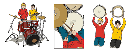 Illustrationen aus dem Buch Schlagzeug lernen mit Frida und Paul